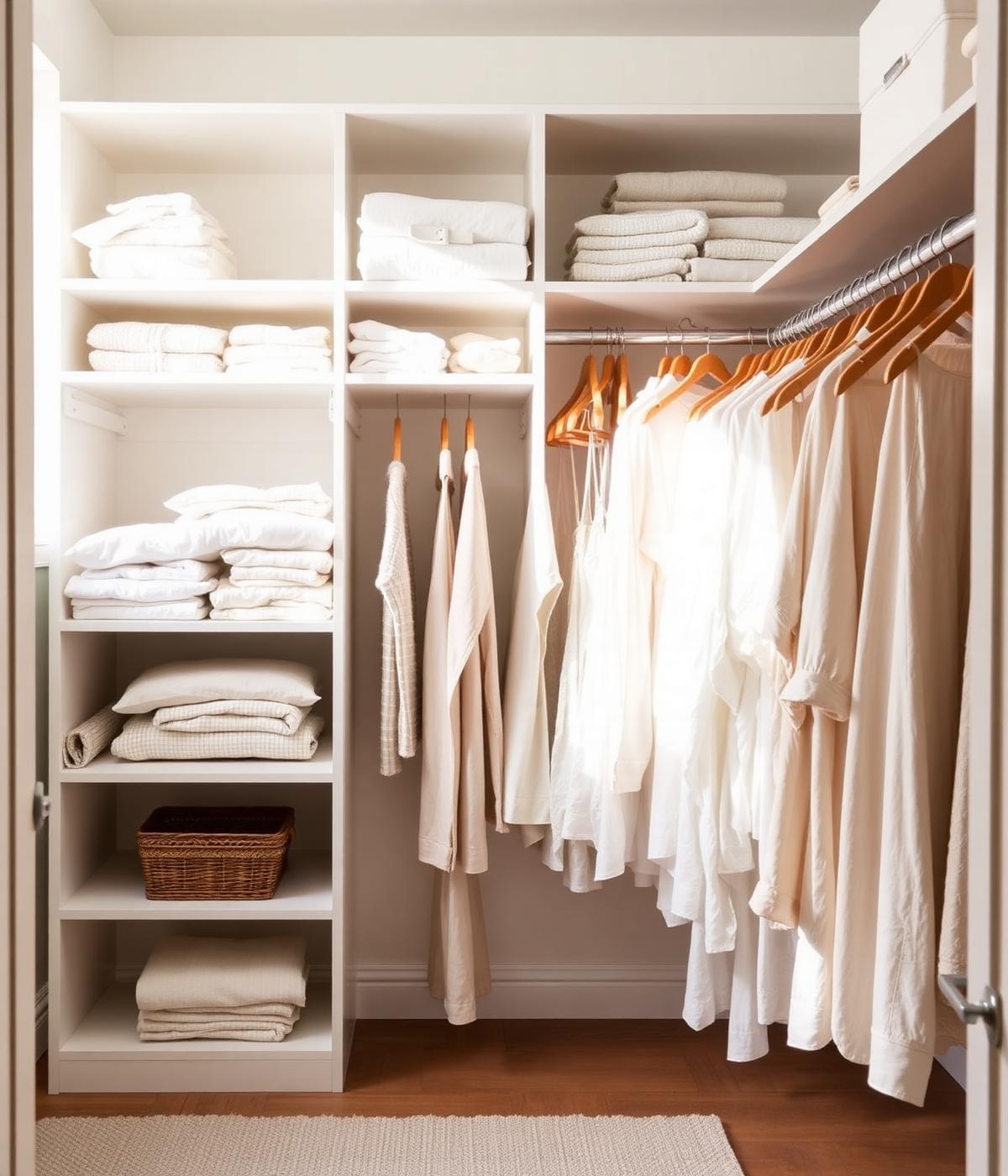 Organized walk-in closet with folded neutrals and wooden hangers in a Deland home