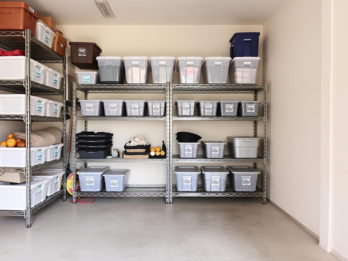 Organized garage storage shelving with labeled bins