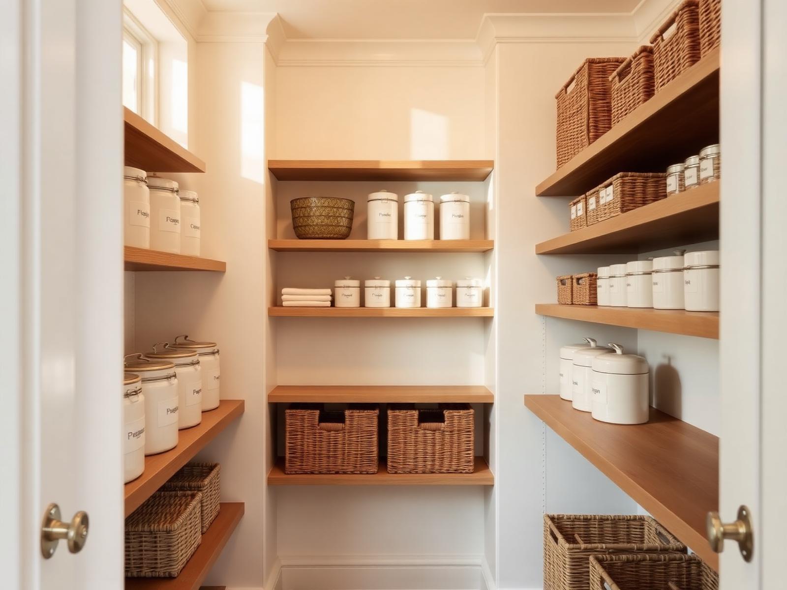 Beautifully organized pantry with labeled canisters and woven baskets in a Deland, FL home
