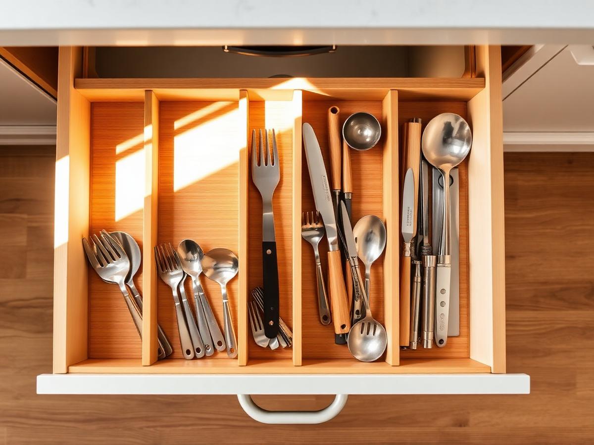 Kitchen drawer with bamboo dividers and neatly arranged utensils
