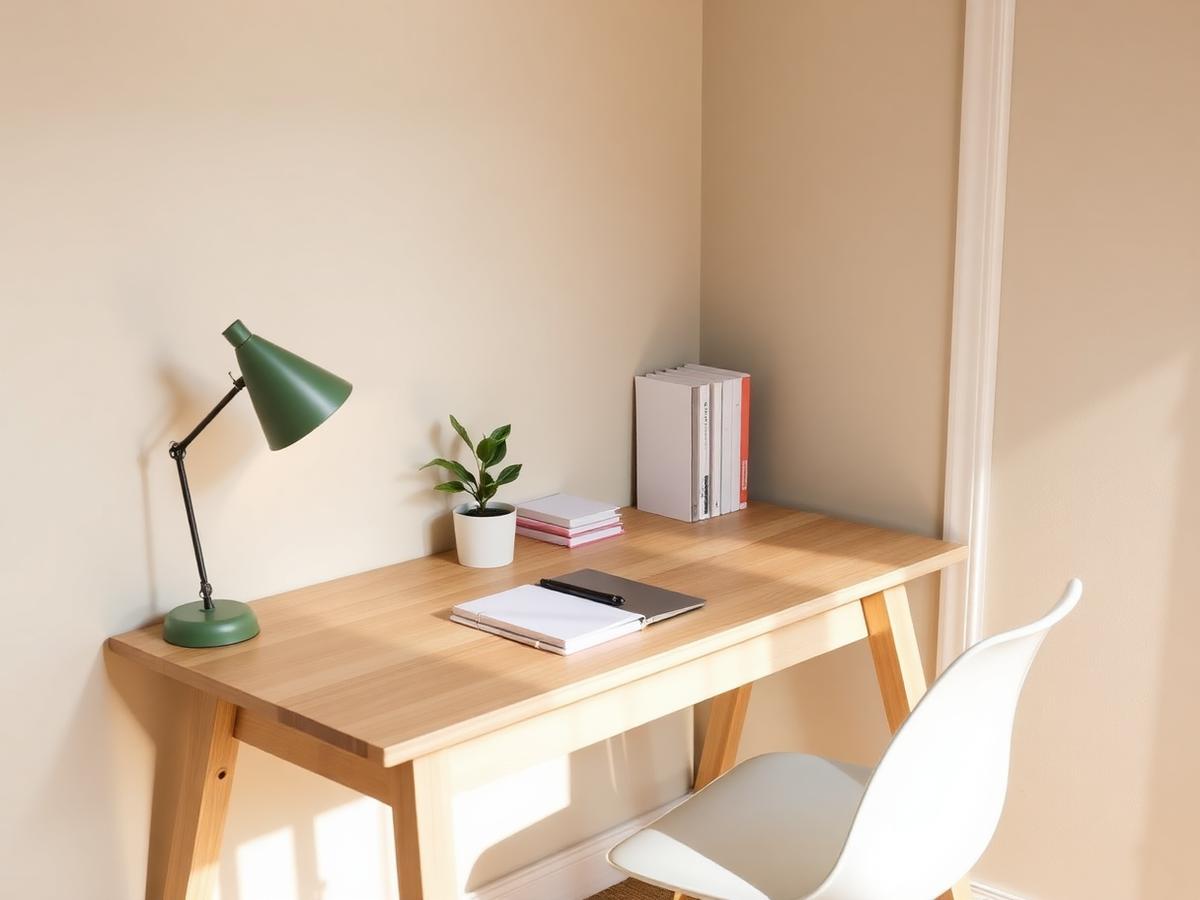 Minimalist home office desk with sage lamp and organized supplies